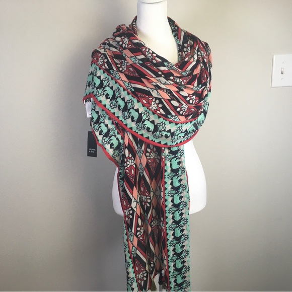 Crown & Ivy 28"x76" Aqua Navy Global Traveler Pom Tassel Obong Scarf Shawl - Picture 1 of 15